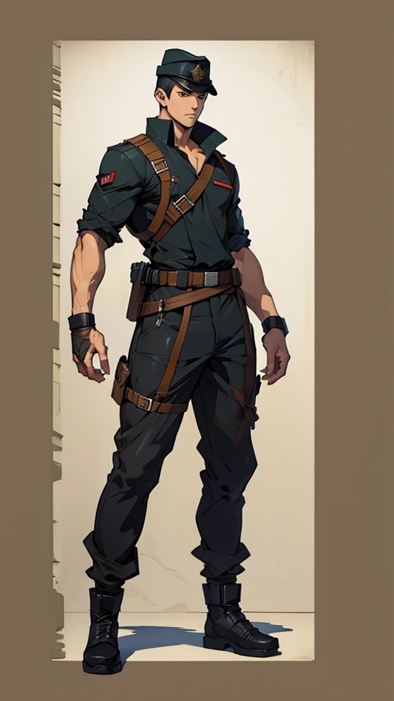 ((manga style,concept art)),young man with short black haircut ,Soldier hat , Soldier Clothing
