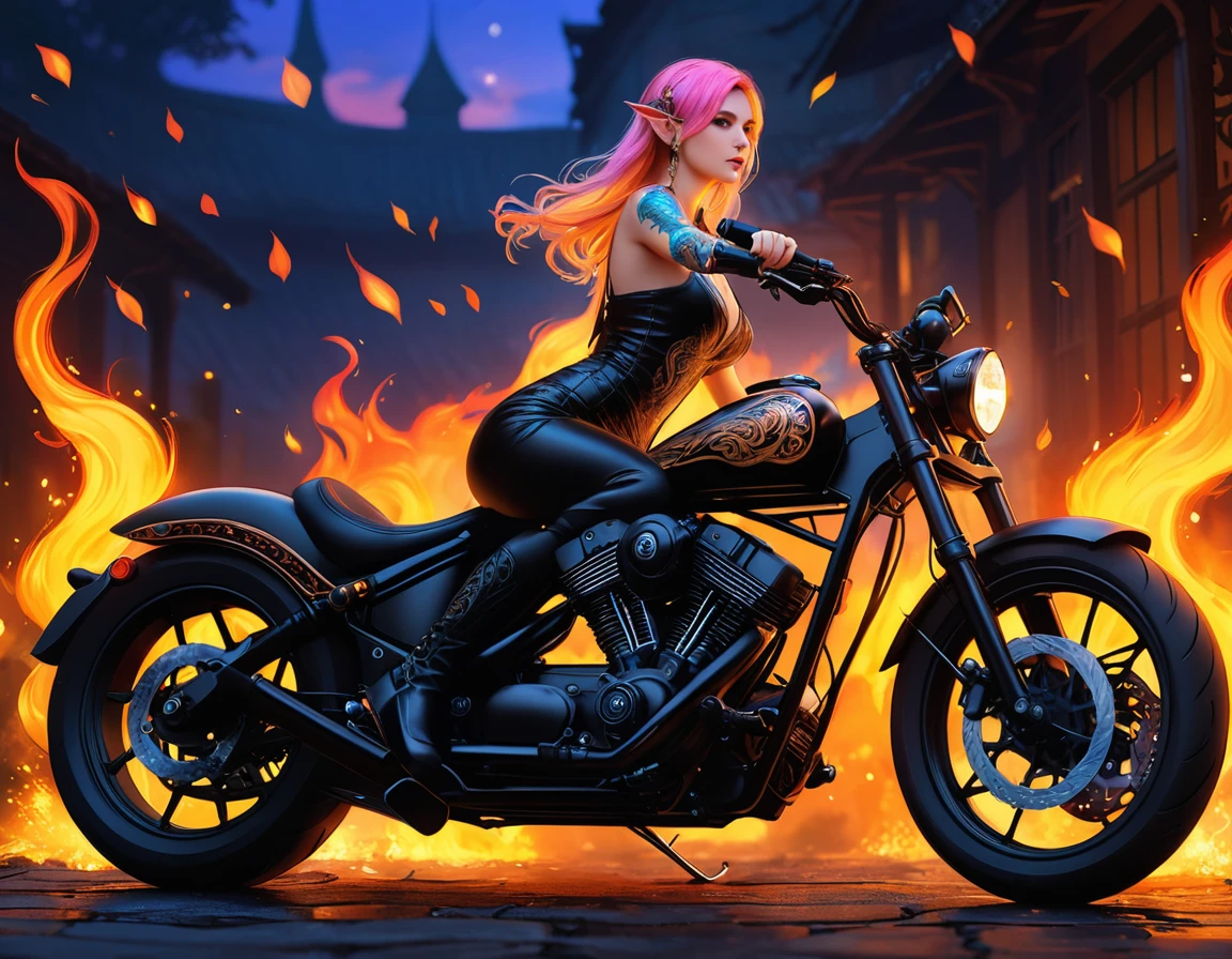 Arafed, Dark fantasy art, fantasy art, goth art, a picture of a of a tattooed female elf near her motorcycle (masterwork, best detailed, ultra detail: 1.5)  the tattoo is vivid, intricate detailed coming to life from the ink to real life, GlowingRunesAI_purple, ((fire surrounds the motorcycle: 1.5)), ultra feminine, ((beautiful delicate face)), Ultra Detailed Face, small pointed ears, dynamic angle, ((the back is visible: 1.3), she wears a transparent black dress, the dress is elegant, flowing, elven style, that the tattoos glow, dynamic hair color, dynamic hair style, high details, best quality, 16k, [ultra detailed], masterpiece, best quality, (extremely detailed), dynamic angle, full body shot, faize, drkfntasy, Digital Painting