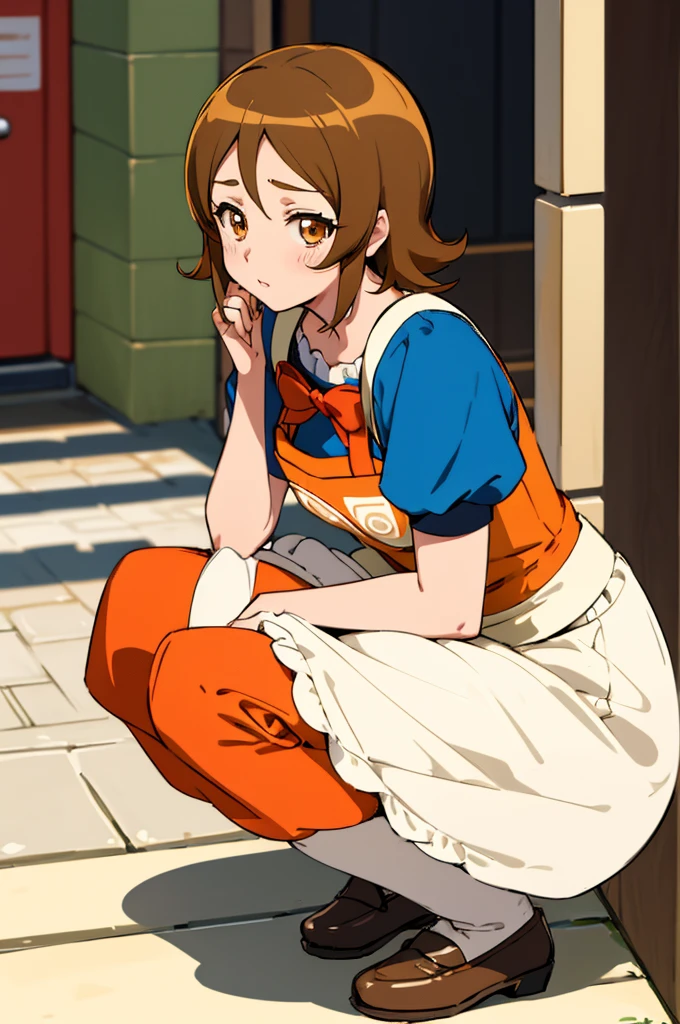 ultra detailed, sharp focus, best quality, masterpiece, colorful, OomoriYuuko, light brown hair, short hair, apron, tired face, alleyway background, waitress uniform, squatting, best quality, masterpiece, intricate details