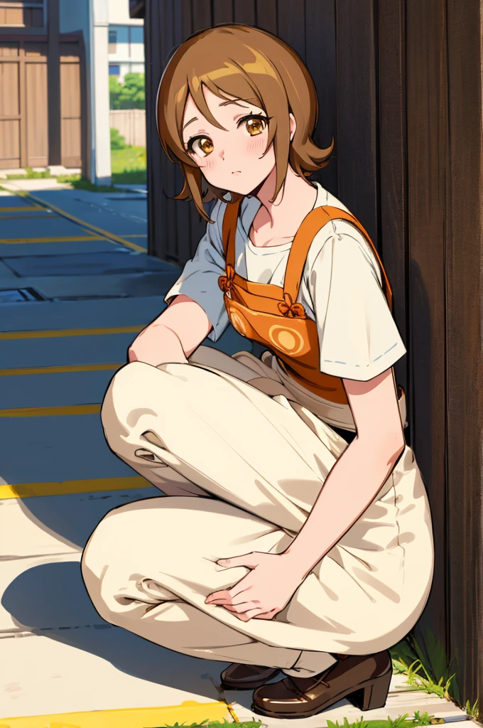 ultra detailed, sharp focus, best quality, masterpiece, colorful, OomoriYuuko, light brown hair, short hair, apron, tired face, alleyway background, waitress uniform, squatting, best quality, masterpiece, intricate details