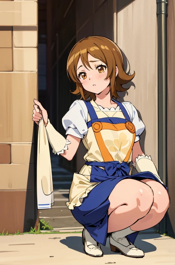 ultra detailed, sharp focus, best quality, masterpiece, colorful, OomoriYuuko, light brown hair, short hair, apron, tired face, alleyway background, waitress uniform, squatting, best quality, masterpiece, intricate details