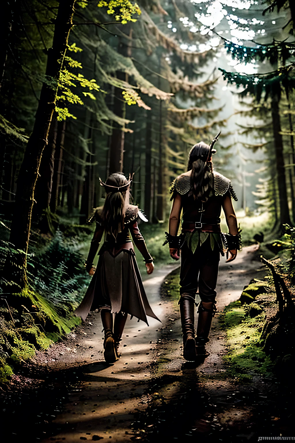 Two elves with spiky ear and fairy wings ( the man have short brown hair, the woman have white long hair ), run away towards a medieval town, they come from a forest. ( dark fairycore ambient )