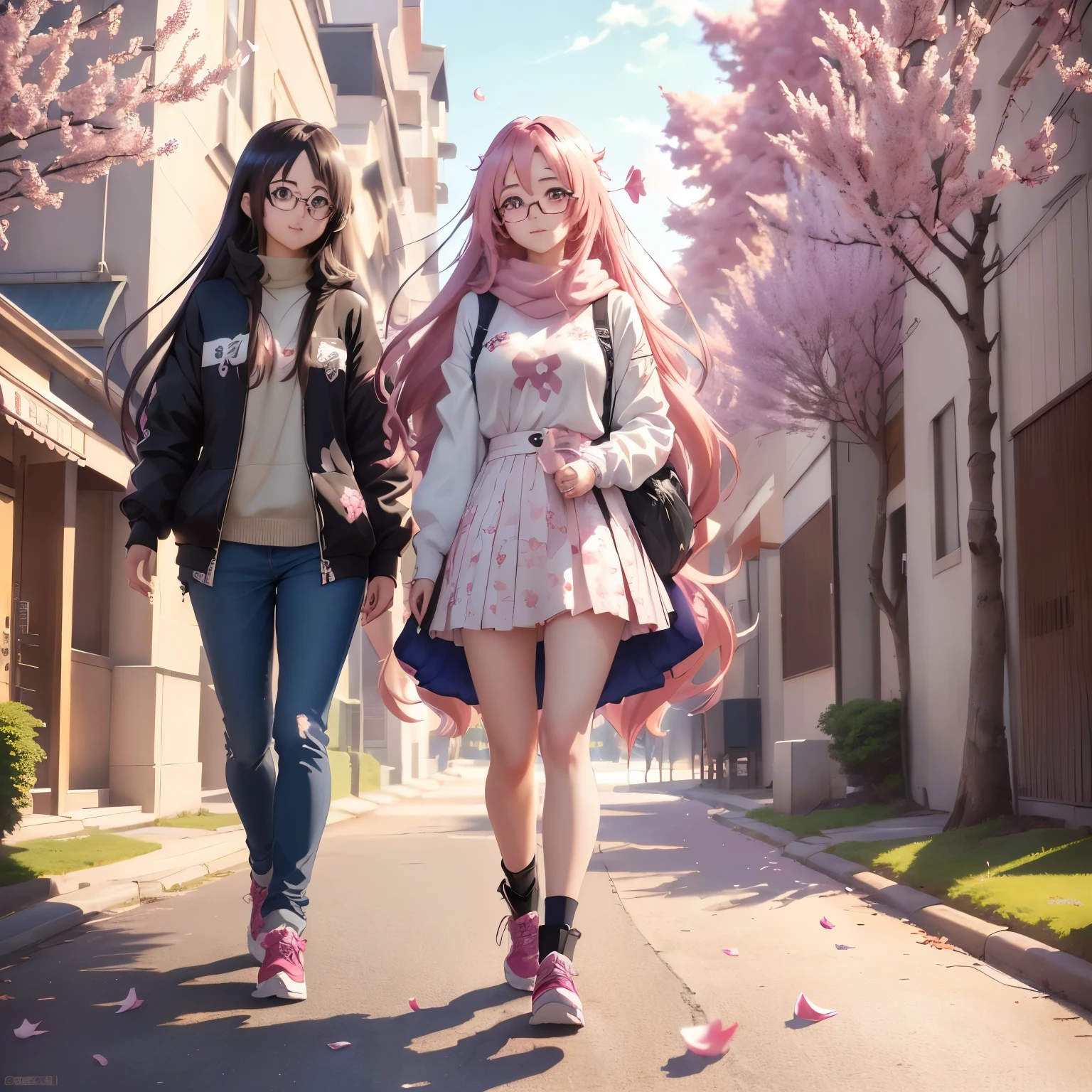 anime girl with long hair and glasses walking down a street, best anime 4k konachan wallpaper, sakura petals around her, anime style 4 k, anime art wallpaper 8 k, anime art wallpaper 4k, anime art wallpaper 4 k, anime wallpaper 4 k, anime wallpaper 4k, anime moe artstyle, 4k anime wallpaper