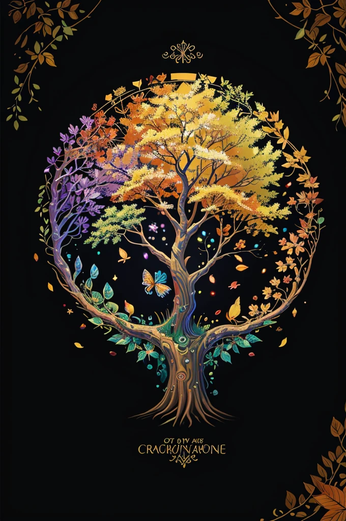 circular tree,four seasons,spring,summer,autumn,winter,leaves,roots,branches,trunk,ornate border,decorative,digital illustration,artwork,movement,time,swirling background,dark background,vibrant colors,natural,life cycle,growth,change,nature,life,peace,harmony,spirituality,symbolism,digital art,illustration,painting,graphic design,art,design,digital media,online art,visual art,fine art,fantasy