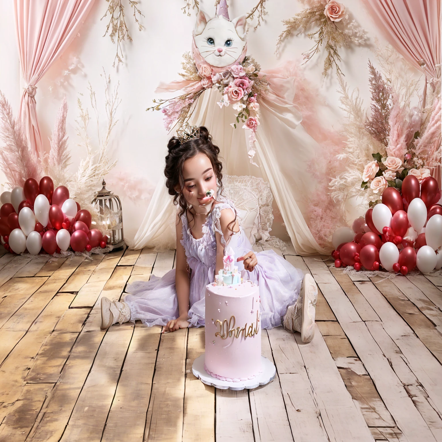 there is someone sitting on the floor with a cake, cute and lovely, very magical and dreamy, magical mood, complex background, lovely and cute, holding a birthday cake, Award-winning studio photo, eating cakes, Very nice and ., raised, whimsical and cute, Charming bohemian princess, Happy Birthday, highly photographic rendering, portrait studio
