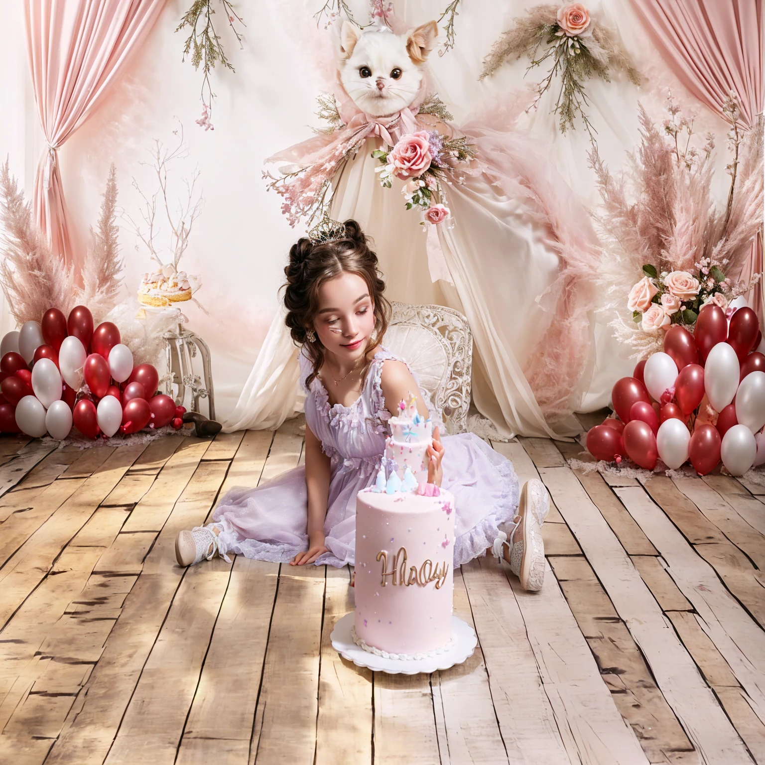there is someone sitting on the floor with a cake, cute and lovely, very magical and dreamy, magical mood, complex background, lovely and cute, holding a birthday cake, Award-winning studio photo, eating cakes, Very nice and ., raised, whimsical and cute, Charming bohemian princess, Happy Birthday, highly photographic rendering, portrait studio