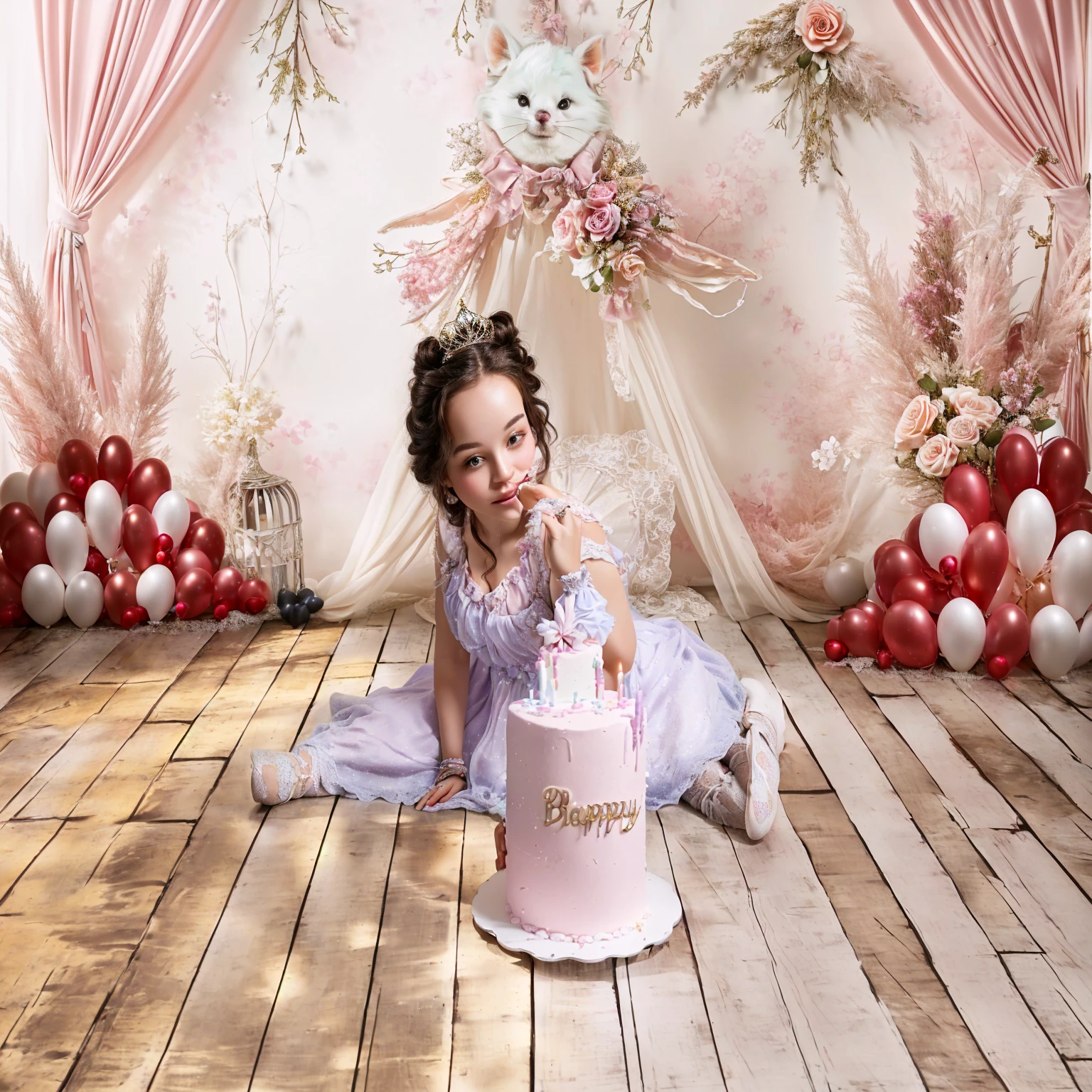 there is someone sitting on the floor with a cake, cute and lovely, very magical and dreamy, magical mood, complex background, lovely and cute, holding a birthday cake, Award-winning studio photo, eating cakes, Very nice and ., raised, whimsical and cute, Charming bohemian princess, Happy Birthday, highly photographic rendering, portrait studio