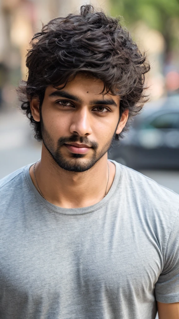 A base model of a handsome indian  man , looking at the camera, sad expression, , t shirt , messy hair , detailed eyes, detailed face, detailed background, masterpiece 