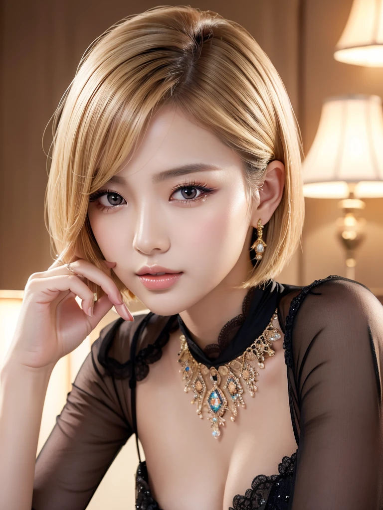 a beautiful young korean idol woman, 1girl, extremely detailed eyes, long eyelashes, beautiful detailed lips, flawless skin, elegant expression, intricate jewelry, detailed clothing, short bob blonde hair,   cleavage, small breasts, (best quality,4K,8K,highres,masterpiece:1.2),ultra-detailed,(realistic,photorealistic,photo-realistic:1.37),studio lighting,HDR,vivid colors,professional photography