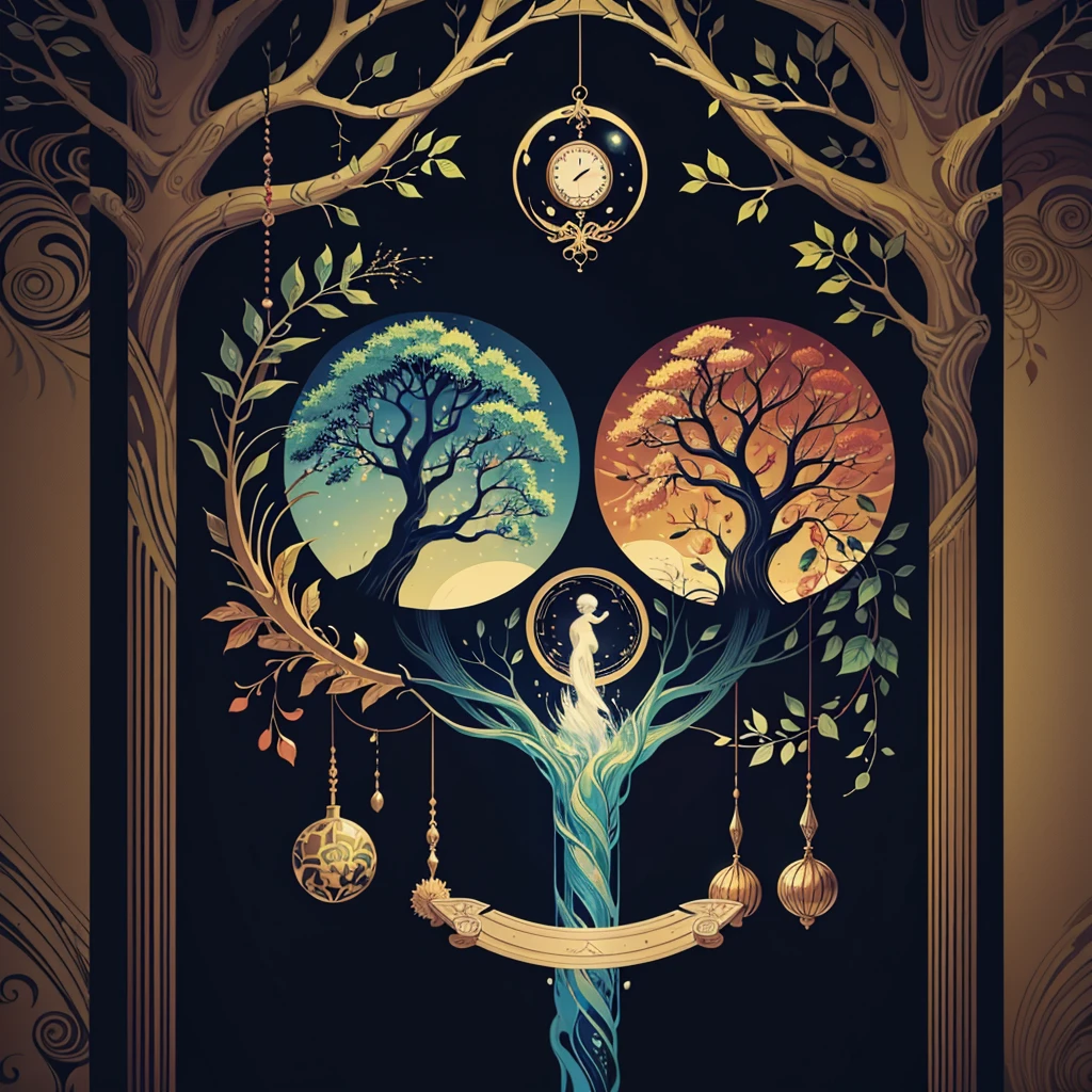 circular tree,four seasons,spring,summer,autumn,winter,leaves,roots,branches,trunk,ornate border,decorative,digital illustration,artwork,movement,time,swirling background,dark background,vibrant colors,natural,life cycle,growth,change,nature,life,peace,harmony,spirituality,symbolism,digital art,illustration,painting,graphic design,art,design,digital media,online art,visual art,fine art,fantasy