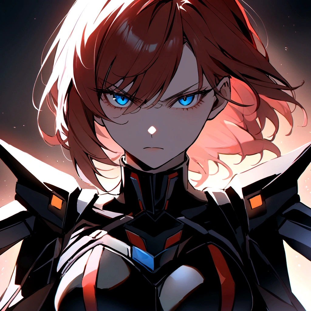 make me a female, 28 years old, red short hair, blue eyes, she's looking serious, cyber clothes, black outfit