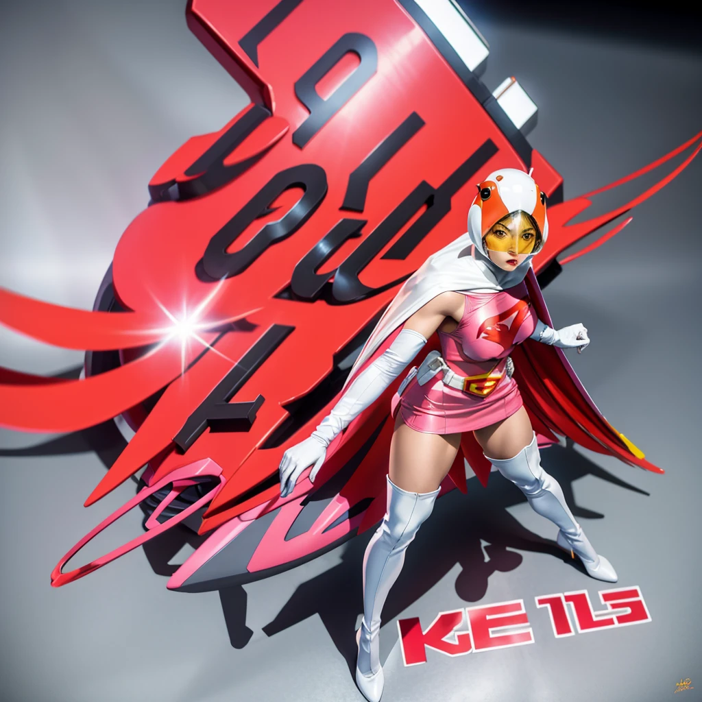 ANI_CLASSIC_jun_gatchaman_ownwaifu,1girl, 15yo,good anatomy, masterpiece, best quality,realistic, hyper realistic, 16k hdr, long hair,breasts,lips,large breasts,lipstick,makeup,gloves,cape,helmet,belt,elbow gloves,white gloves,mask,ultra miniskirt,leotard,spacesuit,white tight overknee highheels boots,pink dress,superhero,bodysuit,cleavage,erected nipples,(stand pose,front view),(spread legs:1.1),cameltoe