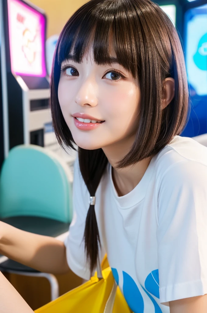 Game center, professional gamer, ((full body)), ((photo)), ((best qualtiy, 8K, tmasterpiece: 1.3)), Focus: 1.2, perfect figure beautiful girl: 1.4, 1girl, cowboy shot, look at viewer, eyes facing the camera, incredibly absurd, beautiful and cute girl with a photorealistic face, showcasing top-quality craftsmanship, A Japanese girl playing games at an arcade, 17 years old, with a bob cut, silky black hair, bangs cut at an angle to reveal her right eye, large eyes, a soft smile, tanned skin, thin and well-formed eyebrows, straight nose with a rounded tip, thin lips but a healthy, natural pink colour, small ears with pierced ears, a slender neck with a sharp jawline, a small face with well-formed facial features, fair, fine, translucent skin, long eyelashes that make the eye makeup stand out, eyes that are powerful but also kind, Well-aligned, white teeth, healthy, shiny skin and hair, friendly expression, , slender, well-balanced proportions, good posture, beautiful C-cup breasts, white character T-shirt, blue denim jacket, yellow shorts, white sneakers, silver earrings, tote bag with game character illustration printed on it, beautiful girl, moe, devilish type, sociable and easy to talk to, values ​​teamwork, curious and adventurous, has a sense of humor, July