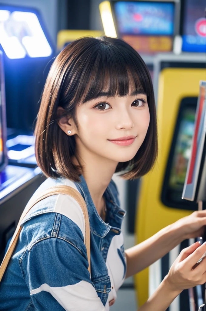 Game center, professional gamer, ((full body)), ((photo)), ((best qualtiy, 8K, tmasterpiece: 1.3)), Focus: 1.2, perfect figure beautiful girl: 1.4, 1girl, cowboy shot, look at viewer, eyes facing the camera, incredibly absurd, beautiful and cute girl with a photorealistic face, showcasing top-quality craftsmanship, A Japanese girl playing games at an arcade, 17 years old, with a bob cut, silky black hair, bangs cut at an angle to reveal her right eye, large eyes, a soft smile, tanned skin, thin and well-formed eyebrows, straight nose with a rounded tip, thin lips but a healthy, natural pink colour, small ears with pierced ears, a slender neck with a sharp jawline, a small face with well-formed facial features, fair, fine, translucent skin, long eyelashes that make the eye makeup stand out, eyes that are powerful but also kind, Well-aligned, white teeth, healthy, shiny skin and hair, friendly expression, , slender, well-balanced proportions, good posture, beautiful C-cup breasts, white character T-shirt, blue denim jacket, yellow shorts, white sneakers, silver earrings, tote bag with game character illustration printed on it, beautiful girl, moe, devilish type, sociable and easy to talk to, values ​​teamwork, curious and adventurous, has a sense of humor, July