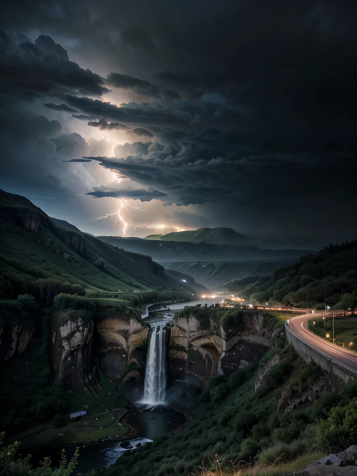Tall and big waterfall, mountainous area, surround background, storm, thunder, lightning,waterfall of lights, landscape shot, HDR, photo of the CRU
