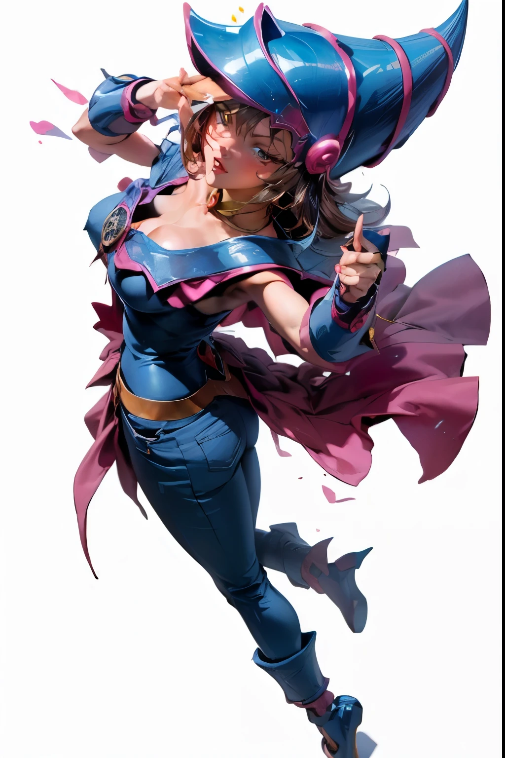 (Masterpiece:1.2), (The best quality:1.2), perfect lighting, Dark Magician Girl casting a spell, in battle. floating in the air, big and visible tits, wear jeans and heels. transparent neckline, blue robe, big hat, From above, sparkles, Yugioh game, The magic of the heart, romantic heart.
