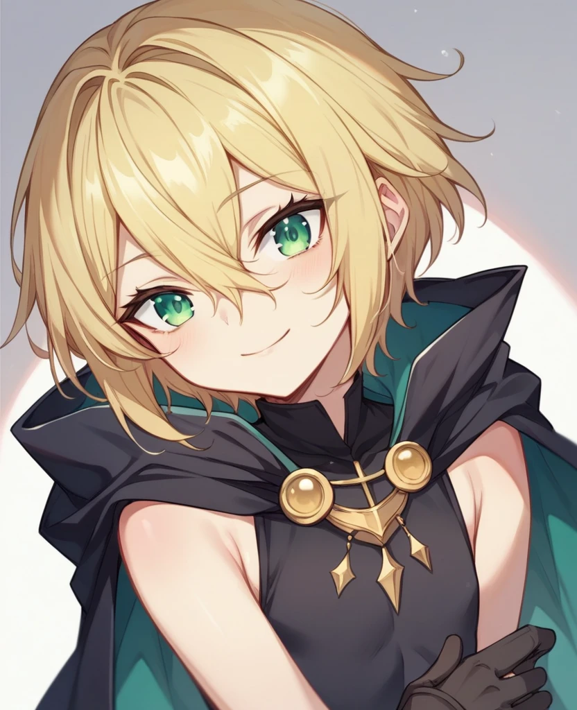（One girl）、((short hair))、((Blonde))、（Sato Air）、((boyish))、Crossdresser、((flat chest))、green eyes、wizard、black cape、Black sleeveless、((hairs between eyes))、gloves 、light smile