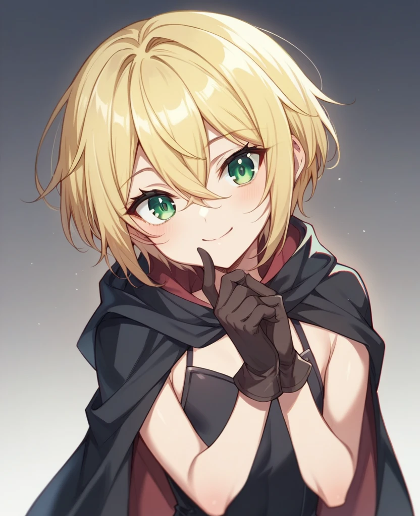 (One girl)、((short hair))、((Blonde))、(Sato Air)、((boyish))、Crossdresser、((flat chest))、green eyes、wizard、black cape、Black sleeveless、((hairs between eyes))、gloves 、light smile