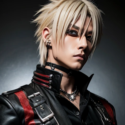 1 japanese male rocker, asien eyes, Visual Kai hairstyle, ultra detailed face and body, hyperrealistic, realistic representation, muscular, broad shoulders, tattoos gothic style, piercings, Visual Kei style, hairstyle Visual Kei, blond, 40 years old, age 40 outfit gothic streampunk, men's shirt and black pants, Asian eyes, eyes Asian, long hair, long hair