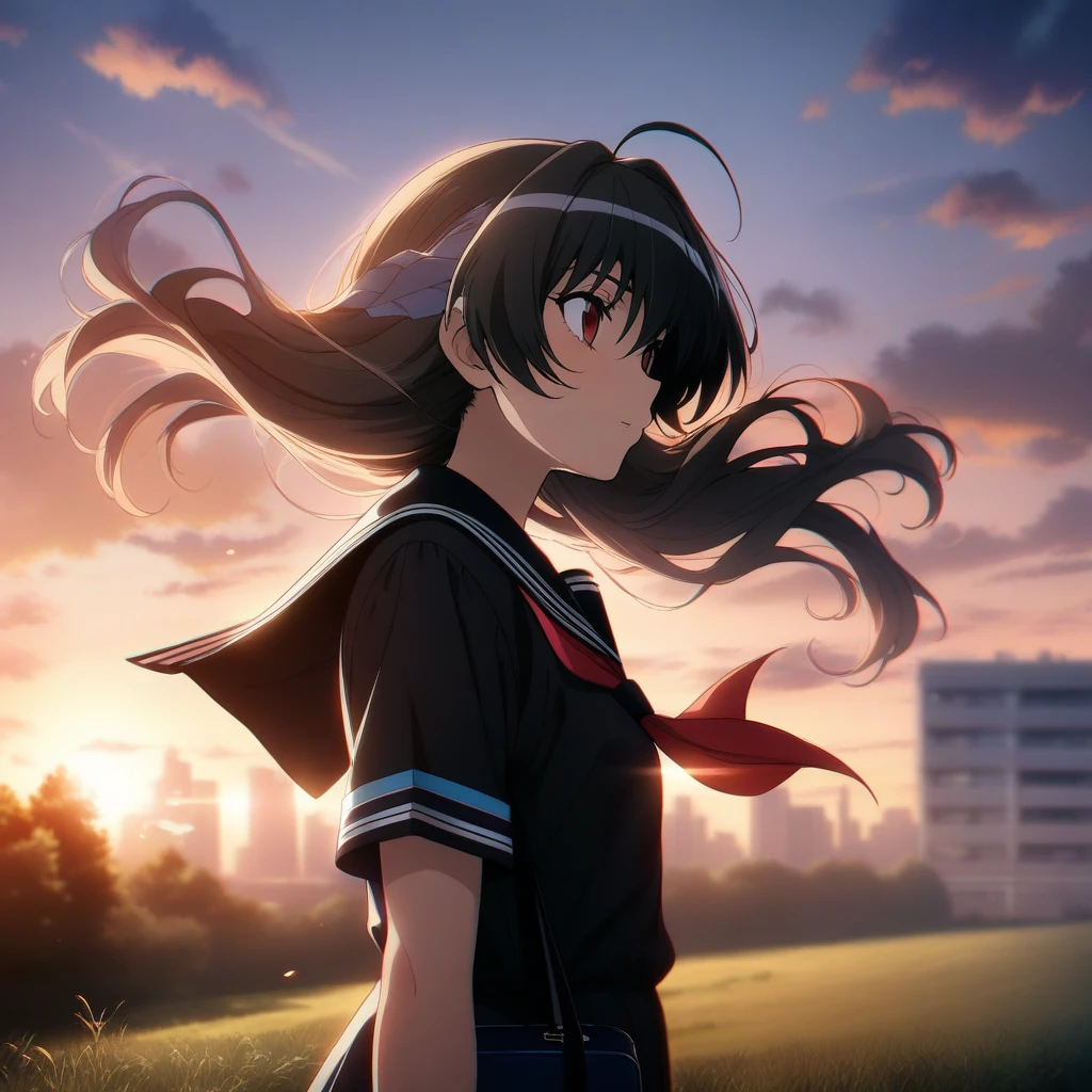1girl, haruhisky, absurdres, absurdres, official art, ahoge, backlighting, bag, black hair, black sailor collar, black shirt, blurry, building, cloud, from side, depth of field, evening, floating hair, grass, outdoors, red eyes, sailor collar, scenery, school bag, , shirt, short sleeves, sky, solo, sunset, tree, uniform, window, lens flaire, chromatic aberration, ((very aesthetic, best quality, ultra detailed))
