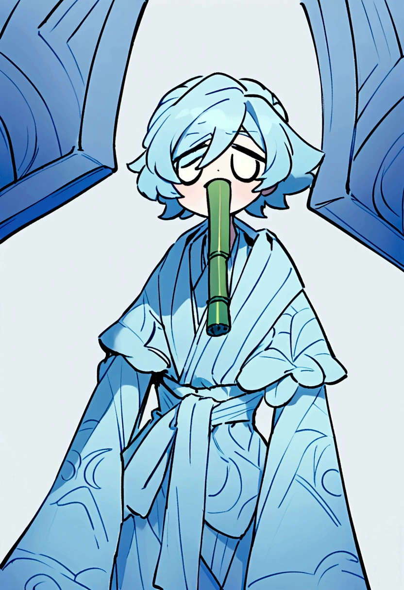 A Colette de Brawl Stars, with a Blue Kimono with pastel blue tones and with a Bamboo in the mouth.