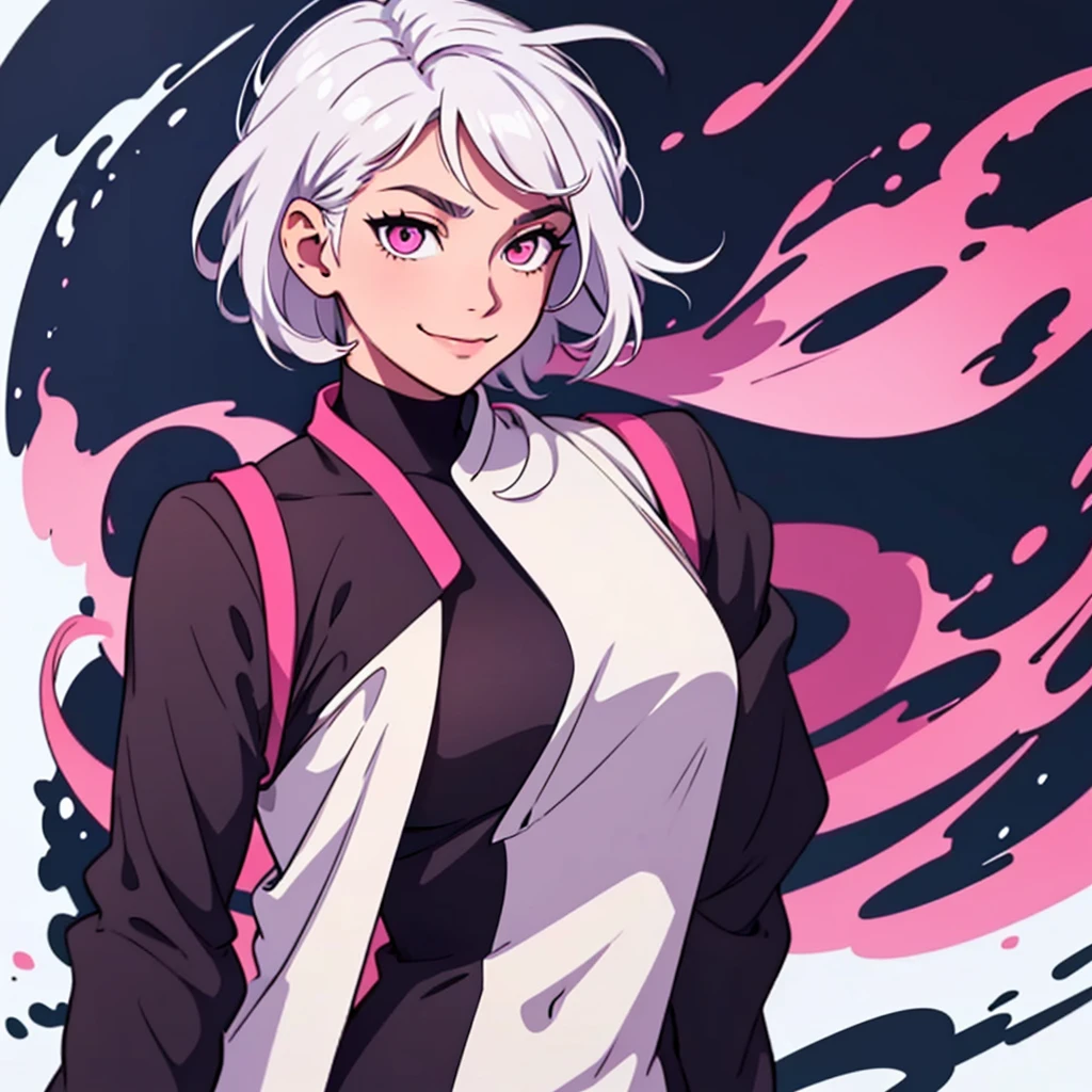 short white hair, highres, high resolution, masterpiece, wide dark pink eyes, looking right, looking towards the right, looking rightward, talking, grinning, confident, masterpiece, best quality, highres, 1 man, Gojo Satoru jujutsu kaisen, wavy hair, white hair, medium short hair, ager, colorful hair, light background, full body, teen, colorful parts, symbols, dark , bold, realistic mixing dark lines and loose lines, bold lines, on paper, human man, full body, imposing pose, stylish outfit, dark theme, beautiful, pretty, modest, standing, male, sharp chin, high cheekbones, white background, highres, high resolution, masterpiece, smiling, happy, smiling, mouth open, talking, speaking, mouth moving