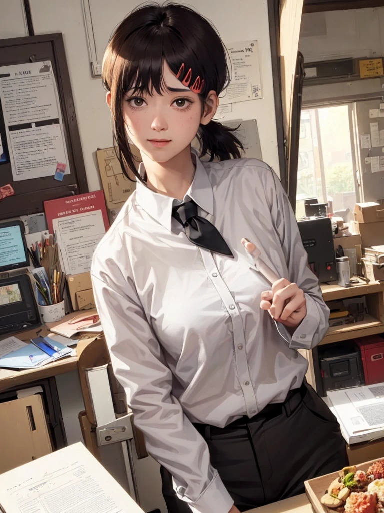 masterpiece, best quality, ultra-detailed, illustration, epic lighting, cinematic composition, isometric, 1girl, solo, cute, brown eyes, black hair, swept bangs, single sidelock, red hairclip, white collared shirt, black necktie, black pants, formal, enchanting gaze, captivating pose, indoors, office, door, opening door, looking at viewer, peeking out upper body, blush, seductive smile, closed mouth,(8k:1.1),