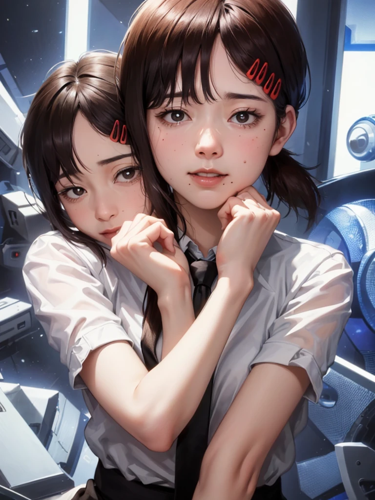 masterpiece, best quality, ultra-detailed, illustration, epic lighting, cinematic composition, isometric, 1girl, solo, cute, brown eyes, black hair, swept bangs, single sidelock, red hairclip, white collared shirt, black necktie, black pants, formal, enchanting gaze, captivating pose, indoors, office, door, opening door, looking at viewer, peeking out upper body, blush, seductive smile, closed mouth,(8k:1.1),
