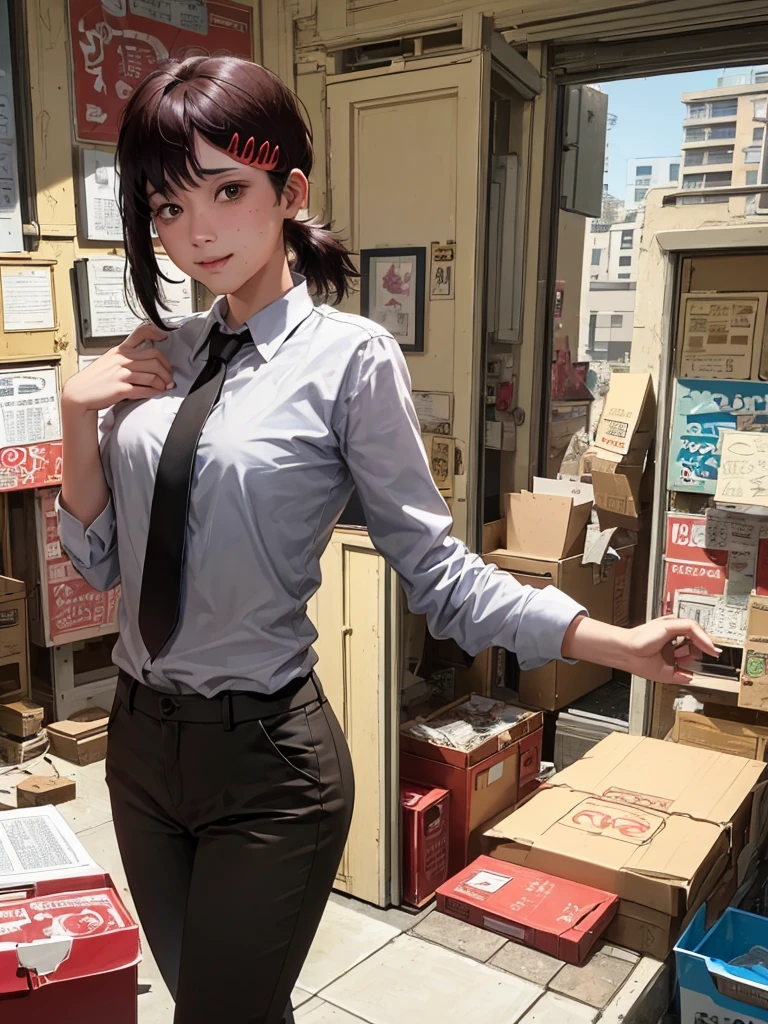 masterpiece, best quality, ultra-detailed, illustration, epic lighting, cinematic composition, isometric, 1girl, solo, cute, brown eyes, black hair, swept bangs, single sidelock, red hairclip, white collared shirt, black necktie, black pants, formal, enchanting gaze, captivating pose, indoors, office, door, opening door, looking at viewer, peeking out upper body, blush, seductive smile, closed mouth,(8k:1.1),