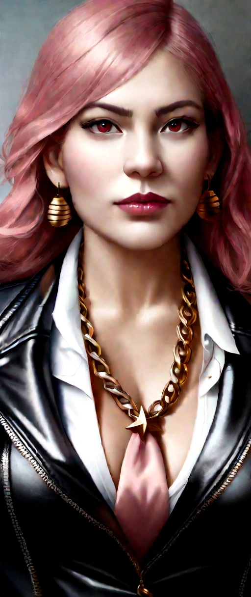 edgABT_Woman,edgABT_rosto,edgABT_corpo, edgABT_(roupa cosplay), best quality, master part, illustration, (Realistic, photo-realistic:1.37), Amazing, detalhe fino, incrivelmente absurdos, tamanho de arquivo enorme, ultra-detalhado, Altas, extremamente detalhado CG unidade 8k papel de parede, olhos e rosto extremamente detalhados, ray tracing, NSFW, , 1girl, A young woman with a Korean face and black and pink hair is wearing a black zippered leather jacket and a red mini skirt. She has large breasts and her jacket is fully unpacked, exibindo seu decote. Ela usa maquiagem pesada com sombra e batom vermelho. She has a leather collar with a gold chain around her neck, and leather gloves on the hands. She's wearing a short pink tie and some accessories, como um cinto, uma pulseira e um colar. She also has earrings and a nightclub as a backdrop.
