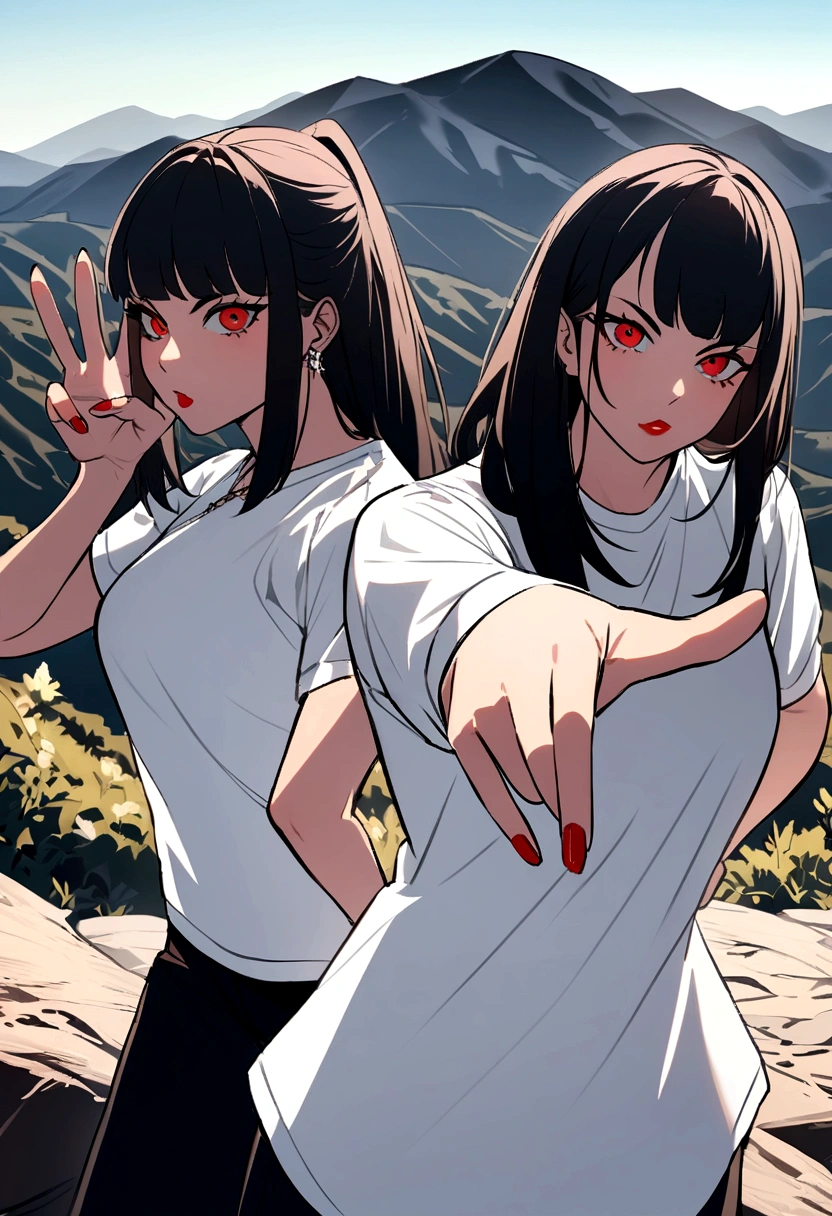 Women, black color, white shirt with red shots, rapper pose, In the Los Angeles Mountains