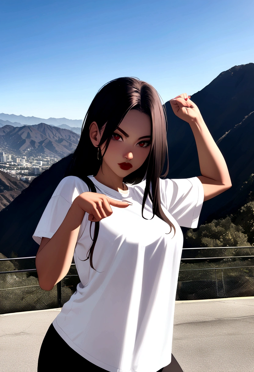 Women, black color, white shirt with red shots, rapper pose, In the Los Angeles Mountains