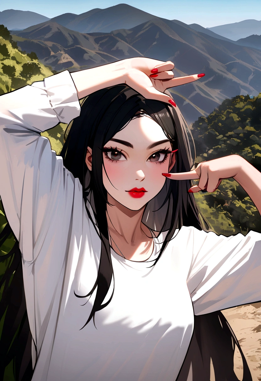 Women, black color, white shirt with red shots, rapper pose, In the Los Angeles Mountains
