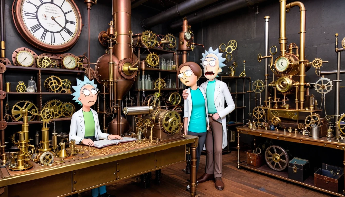 Rick and Morty in a steampunk laboratory filled with brass gears, steam-powered machines, and Victorian-era gadgets.