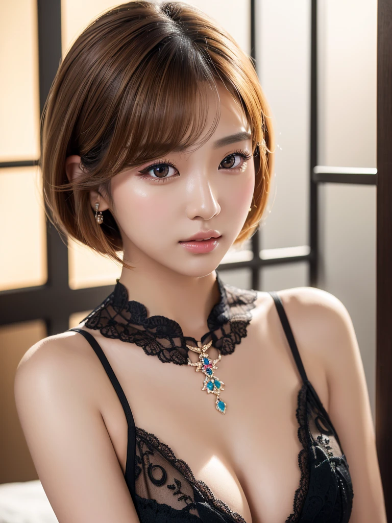 a beautiful young korean idol woman, 1girl, extremely detailed eyes, long eyelashes, beautiful detailed lips, flawless skin, elegant expression, intricate jewelry, detailed clothing, short bob blonde hair,   cleavage, small breasts, (best quality,4K,8K,highres,masterpiece:1.2),ultra-detailed,(realistic,photorealistic,photo-realistic:1.37),studio lighting,HDR,vivid colors,professional photography