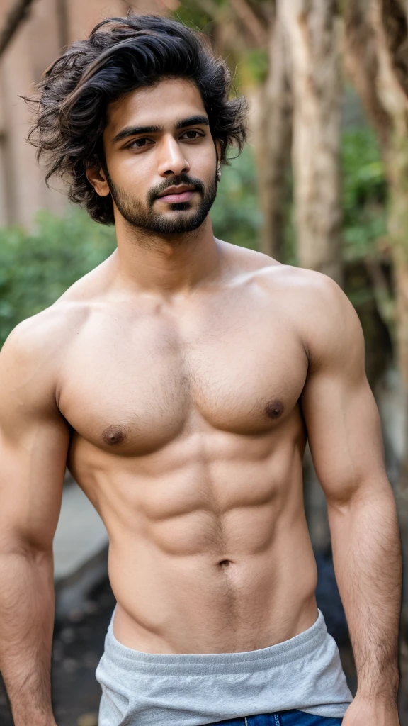 A base model of a handsome indian man , looking at the camera, sad expression, , t shirt, abbs , messy hair , detailed eyes, detailed face, detailed background, masterpiece , homoerotic