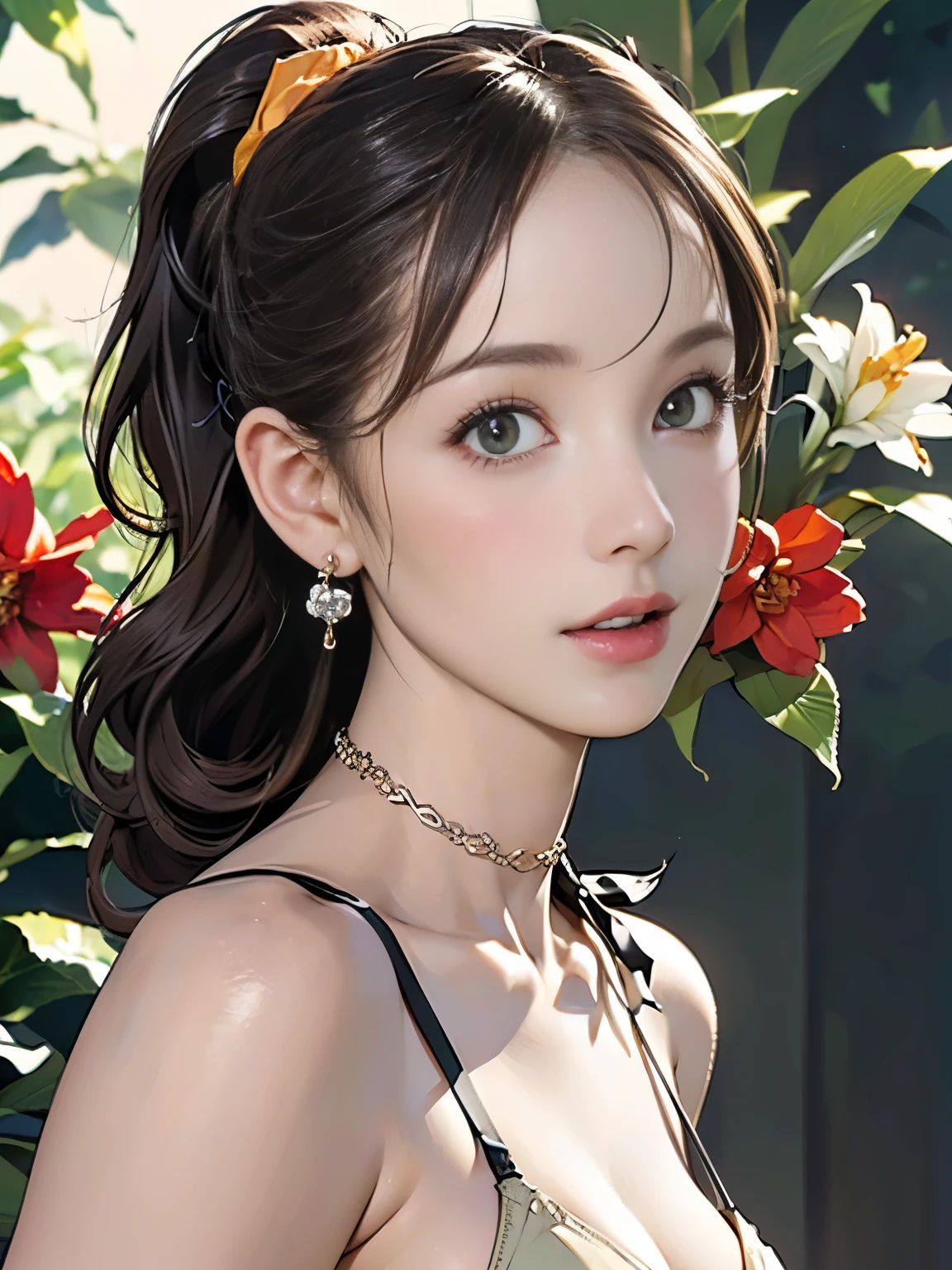 ((((Highest quality))))、(((Ultra-precision CG16K wallpaper)))、(((masterpiece)))、(((Super detailed)))、(((Extreme detail)))、((1Mature 29 year old woman:1.6))、((Very beautiful Japan face of a person))、((Urizane Face:1.8))、((Soft wavy ponytail medium hair:1.6))、(Shiny Hair)、A delicately drawn beautiful face、(Dark Eyes、Detailed pupil and iris、Detailed eyelashes、Reflected light from the eye)、double eyelid、High nose、Small nostrils、Small Mouth、Seductive lips、Beautiful breasts、((C cup size breasts))、Perfect proportions、Perfect Anatomy、Perfect composition、Beautiful detailed shading、Beautiful, natural lighting、Beautiful detail glow、Depth of written boundary、(((High chroma)))、(((Real:1.9)))、((vivid:1.5))、((Beautiful Skin))、((Skin Texture))、((Realな皮膚感))、(((Portrait:1.6)))、(((front view、shoot from front、front low angle:1.8)))、(((Half-open mouth、Surprised face:1.4)))、(((looking at viewer:1.6)))、Bright daylight、Natural light、(((background_Flower Garden:1.5)))、((Khaki micro bikini bra:1.6))、(Standing pose:1.6)、((Scrunchie Ribbon、choker、Wearing earrings:1.5))、