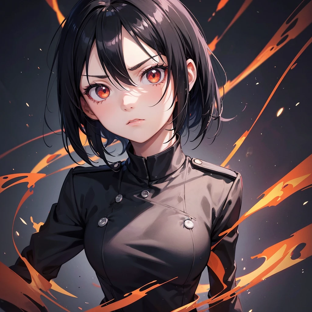 girl similar to gorillaz noodle, ((drawing)), ((anime girl nose)) , Generate an image depicting a pale-faced girl with slicked-back hair, dressed in a black uniform , standing at a granite podium. The background features dark, red curtains and flaming torches. The scene should include additional figures in matching uniforms, contributing to an authoritarian and intense atmosphere. The Girl's expression should be stern and commanding, with others in the background looking serious or attentive. Include realistic details on the podium such as a microphone, buttons, or engravings.