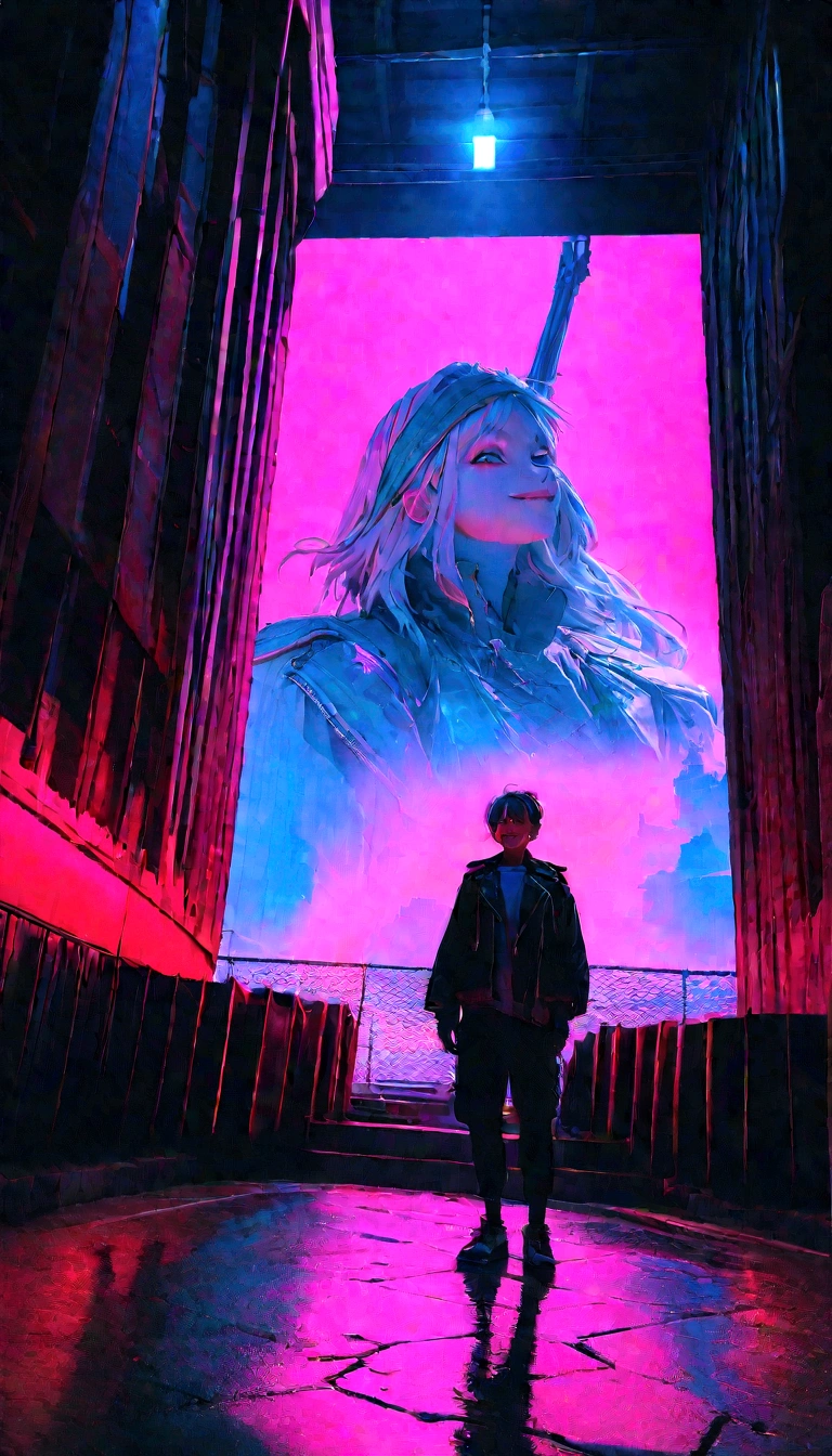 (8k, RAW Photos, highest quality, masterpiece: 1.2), Bremen's band, cyberpunk, animation, fantastic and mysterious background, high saturation, high contrast, smiling face, full body shot  