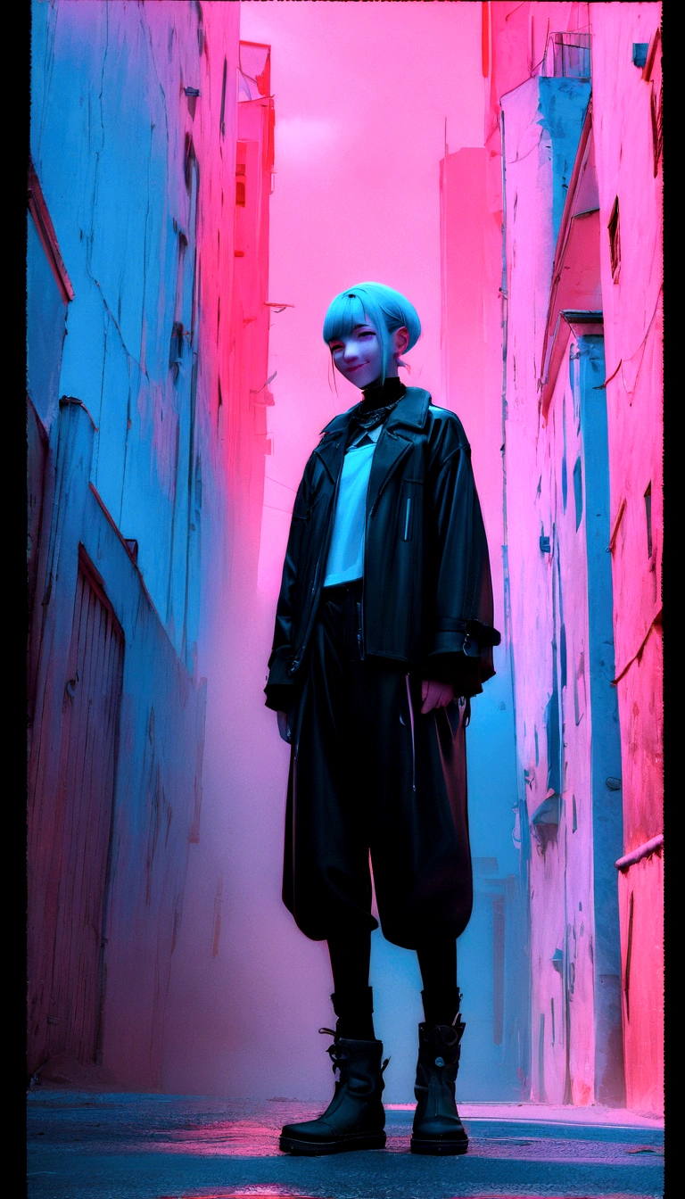 (8k, RAW Photos, highest quality, masterpiece: 1.2), Bremen's band, cyberpunk, animation, fantastic and mysterious background, high saturation, high contrast, smiling face, full body shot