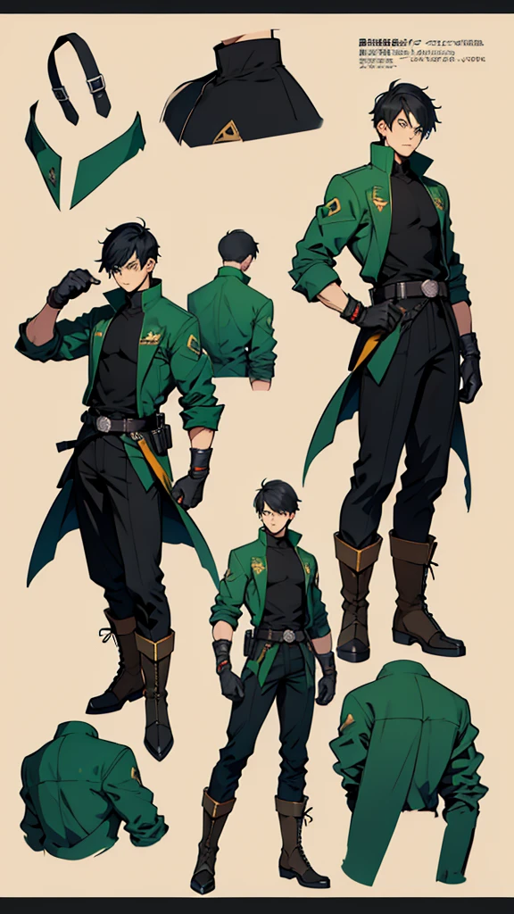 ((manga style,concept art)),young man with short black haircut , supe Hero Clothing , big boots ,Full body , Gloves , Green pupils