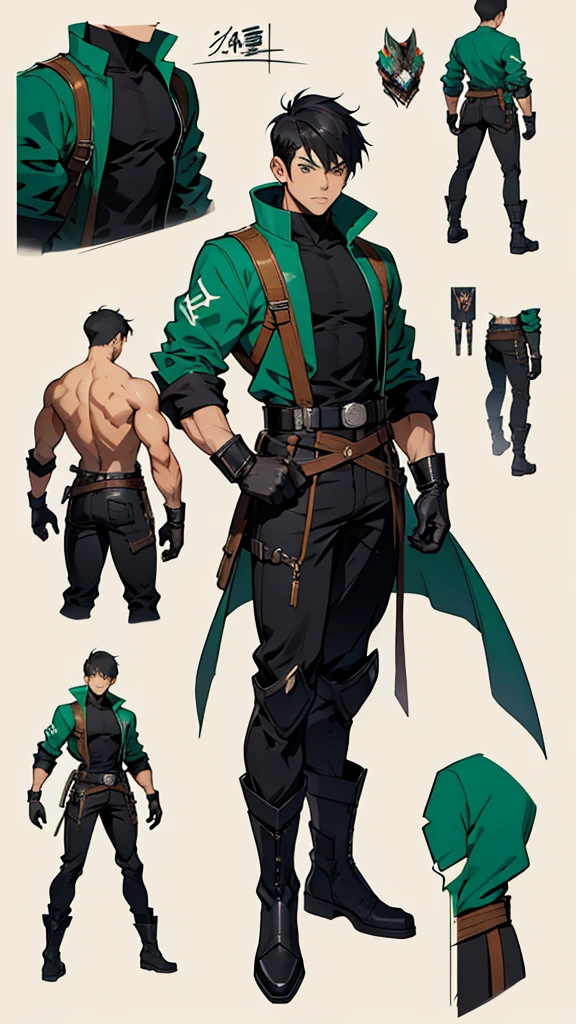((manga style,concept art)),young man with short black haircut , supe Hero Clothing   , big boots  ,Full body , Gloves , Green pupils 
