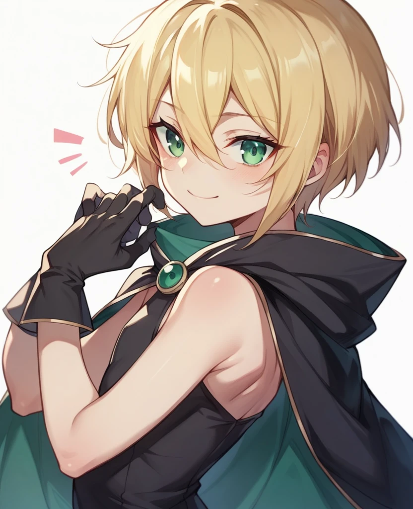 (One girl)、((short hair))、((Blonde))、(Sato Air)、((boyish))、Crossdresser、((flat chest))、green eyes、wizard、black cape、Black sleeveless、((hairs between eyes))、gloves 、light smile