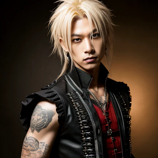 1 japanese male rocker, asien eyes, Visual Kai hairstyle, ultra detailed face and body, hyperrealistic, realistic representation, muscular, broad shoulders, tattoos gothic style, piercings, Visual Kei style, hairstyle Visual Kei, blond, 40 years old, age 40 outfit gothic streampunk, men's shirt and black pants, Asian eyes, eyes Asian, long hair, long hair