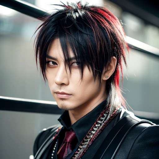 1 japanese male rocker, asien eyes, Visual Kai hairstyle, ultra detailed face and body, hyperrealistic, realistic representation, muscular, broad shoulders, tattoos gothic style, piercings, Visual Kei style, hairstyle Visual Kei, blond, 40 years old, age 40 outfit gothic streampunk, men's shirt and black pants, Asian eyes, eyes Asian, long hair, long hair