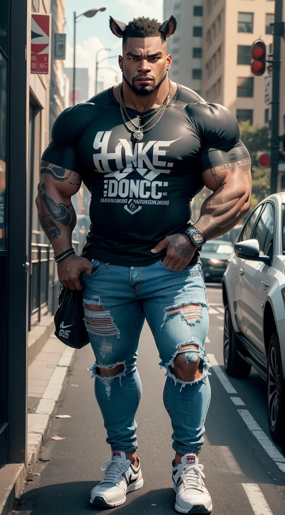 an anthropomorphic rhinoceros, muscular, bodybuilder, tattooed body, with ”AC DC” t-shirt", bad boy bracelet and necklace, muscle ripped jeans, white Nike sneakers, hostile face, bottom of the Bronx. 8k, intricate details, cinematographic, plano general.