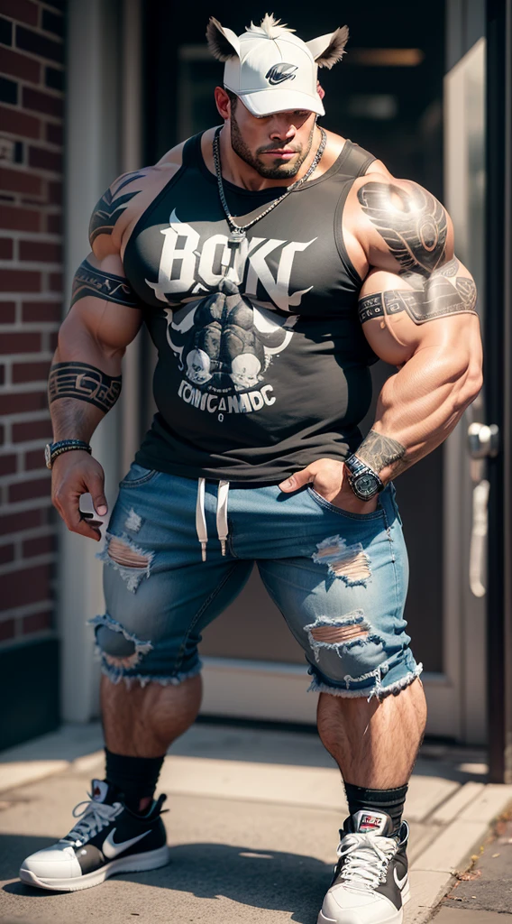 an anthropomorphic rhinoceros, muscular, bodybuilder, tattooed body, with ”AC DC” t-shirt", bad boy bracelet and necklace, muscle ripped jeans, white Nike sneakers, hostile face, bottom of the Bronx.  8k, intricate details, cinematographic, plano general.