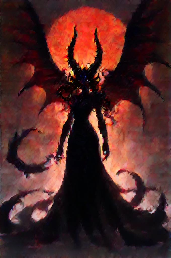 (masterpiece, A high resolution, Dark:1.2), ominous silhouette of an evil demoness, (A sinister aura:1.1), (Glowing red eyes:1.3) breaking through the shadows, (loose black hair:1.2) sharp horns falling down, sticking out of the forehead, (scary black wings:1.2) expanded, casting a menacing shadow on the ground, (ethereal fog:1.1) swirling around her, hyperreal, Photorealistic