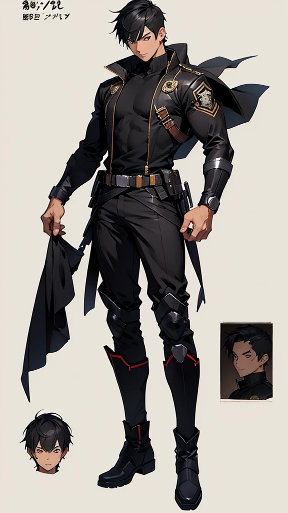 ((manga style,concept art)),young man with short black haircut , supe Hero Uniform    , big boots  ,Full body , 