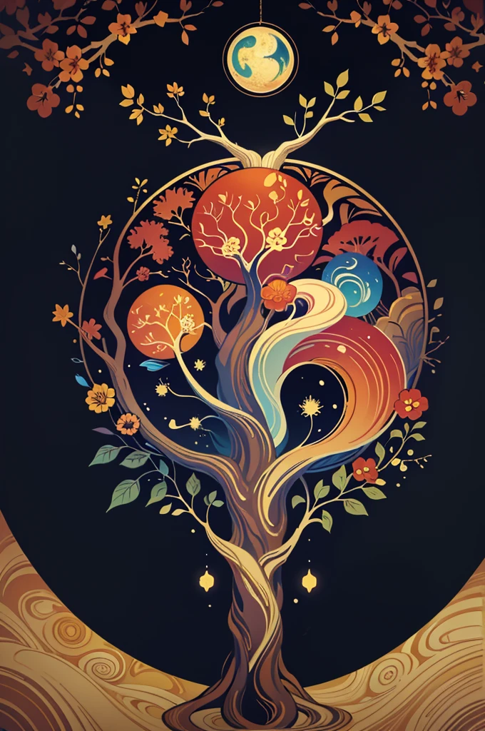 circular tree,four seasons,spring,summer,autumn,winter,leaves,roots,branches,trunk,ornate border,decorative,digital illustration,artwork,movement,time,swirling background,dark background,vibrant colors,natural,life cycle,growth,change,nature,life,peace,harmony,spirituality,symbolism,digital art,illustration,painting,graphic design,art,design,digital media,online art,visual art,fine art,fantasy